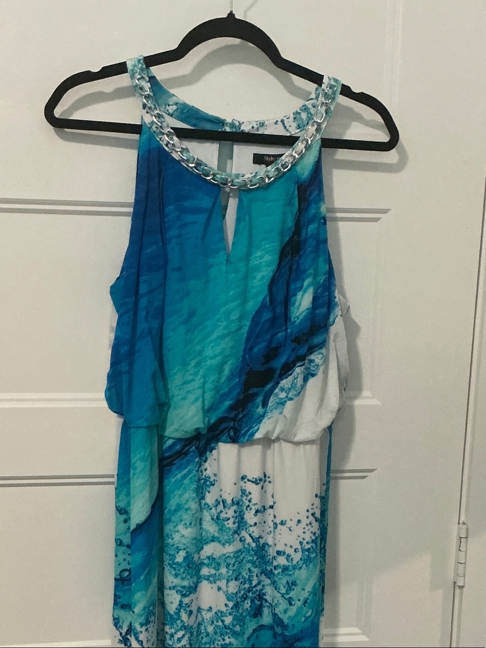 Style & Co. Blue and White Maxi Dress with Embellished Neckline